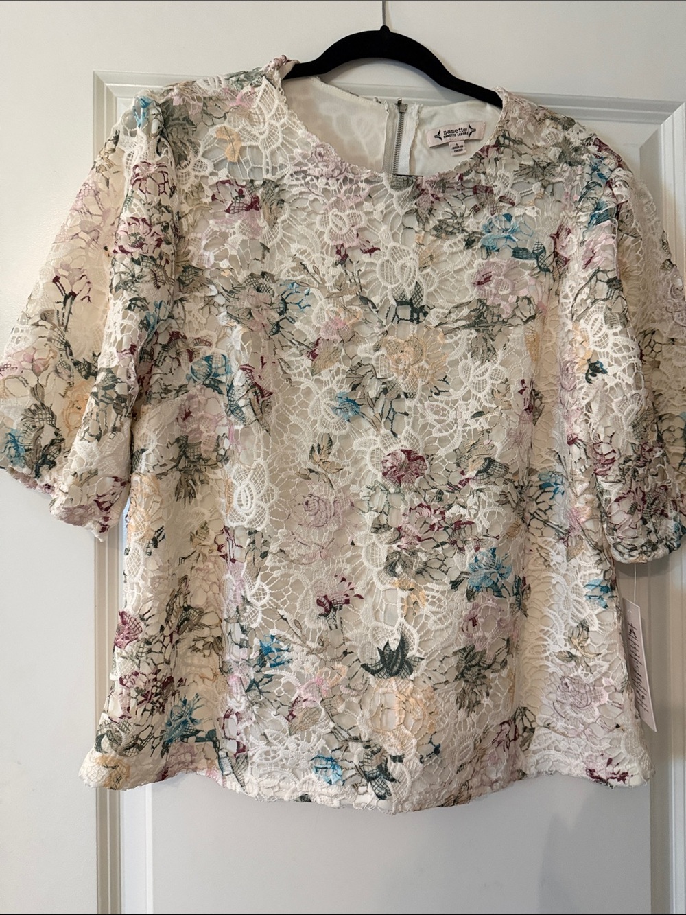Anthropologie Cream Lace Floral Crochet Blouse with Multicolor Accents